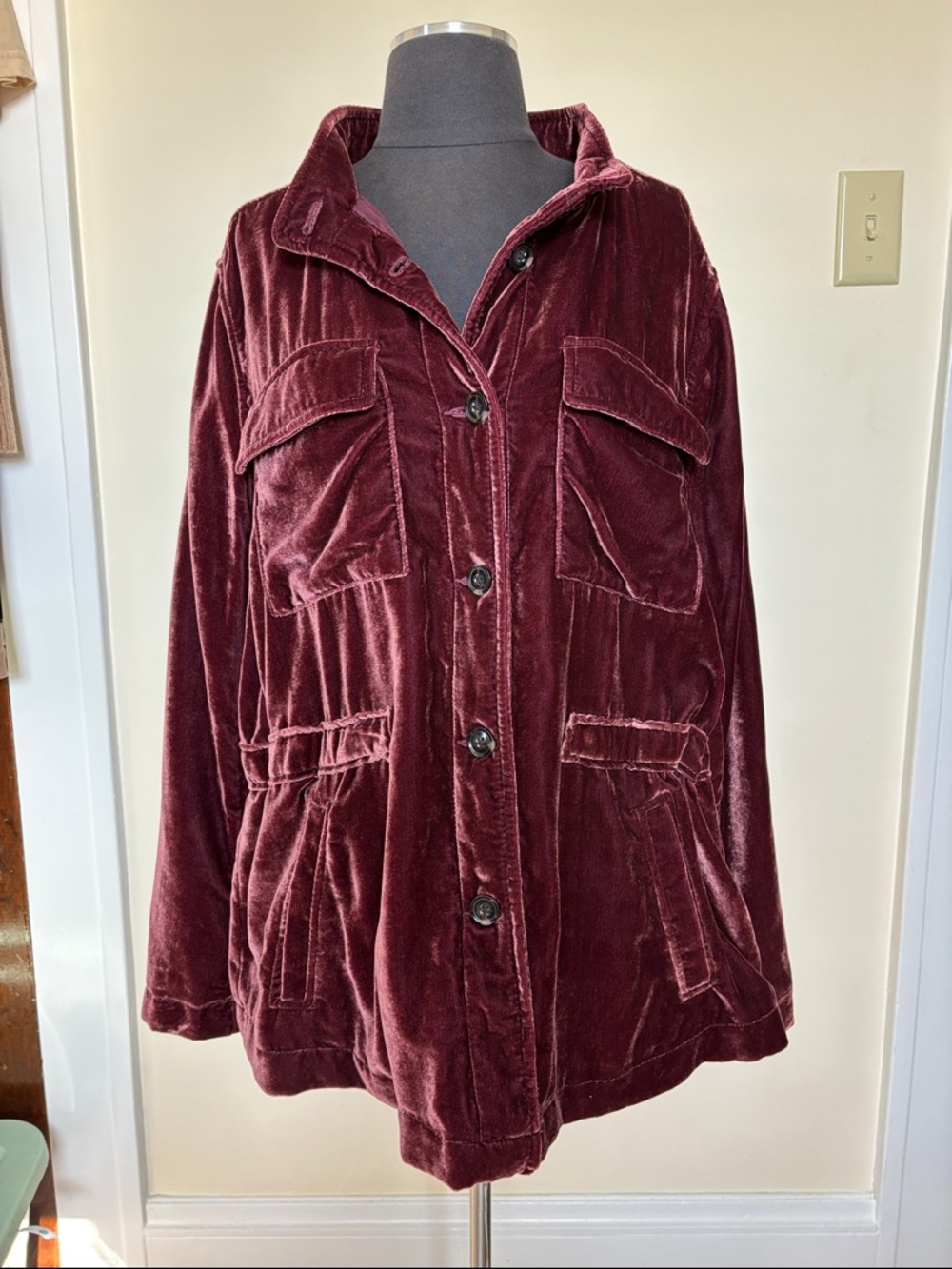LOFT Velvet Utility Button-Front Jacket - Deep Maroon Rose